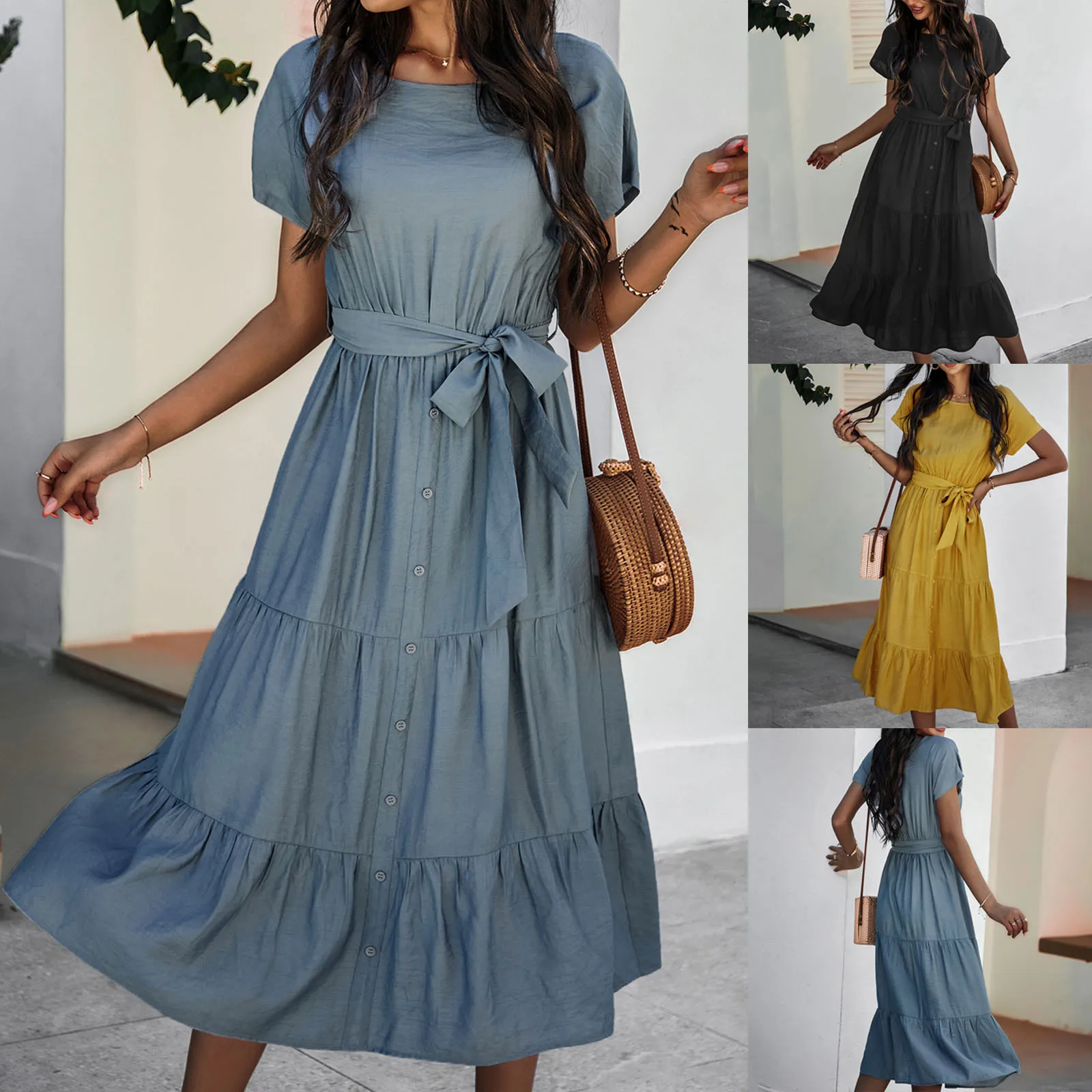 

Женское однотонное платье с коротким рукавом и круглым вырезом