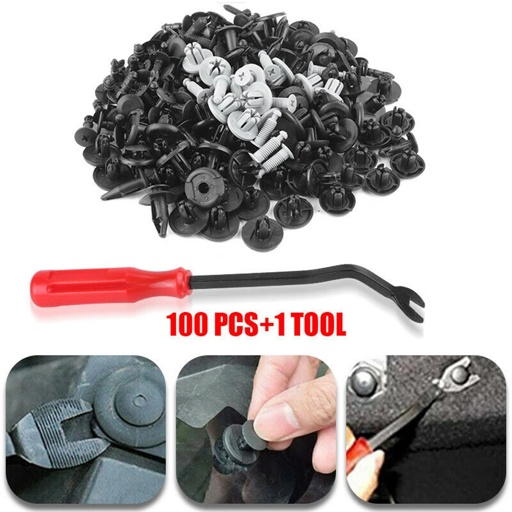 

100pcs Trunk Screw Rivets Set Car Bumper Fender Auto Plastic Fastener Clips Trim + Short Red Screwdriver Car Accessory