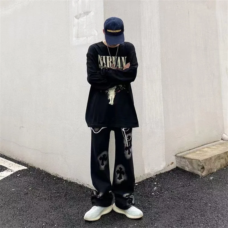 Y2K Men Vintage Streetwear Korean Black Retro Jeans High Waiste Straight Pants Denim Trousers For Women Fairy Grunge Alt Clothes