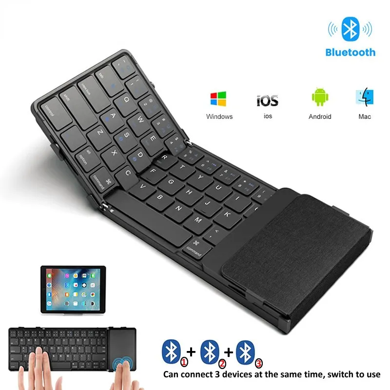 

Foldable Bluetooth Keyboard Rechargable Portable Mini Leather Keyboard with Touchpad Mouse for Android PC Tablet 3-Devices Sync