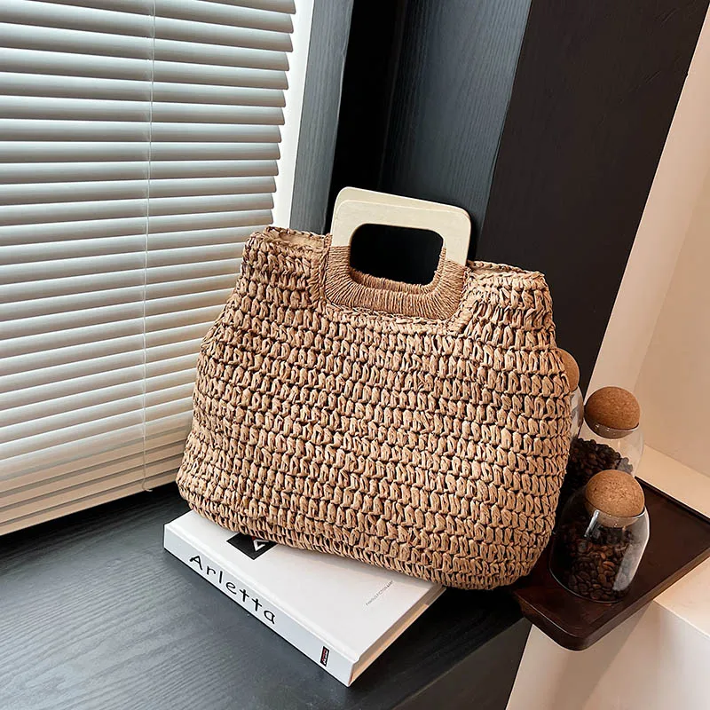

2023 Summer Large Women Weave Straw Tote Bag for Women New In Travel Beach Bags Lady Shoulder Side Handbags Short Handle