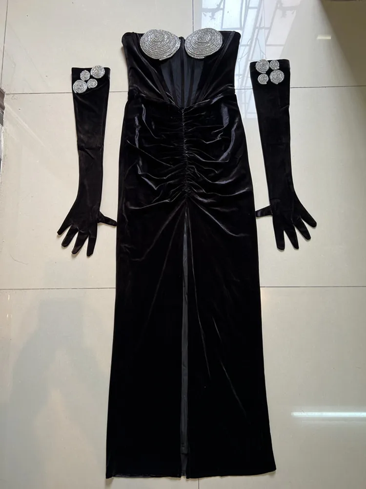 

Women Sexy Strapless Diamonds Crystal Long Gloves Bodycon Black Split Maxi Gowns Dress Elegant Evening Party Club Dress