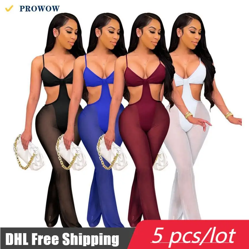 

Wholesale Bulk Women Jumpsuits Summer Sexy Deep V Asymmetrical Bodysuits Perspective Mesh Spliced Lady Rompers Club Wear 7338