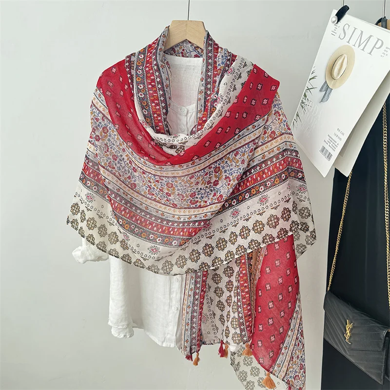 Осень 2024 модная вискозная шаль с кисточками и цветами мака женский шарф