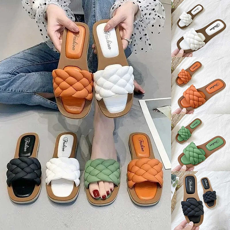 New Women Slippers Outdoor Beach Casual Fashion Sandals Summer Flat Solid Color Weave Flip Flops Female Indoor Shoes