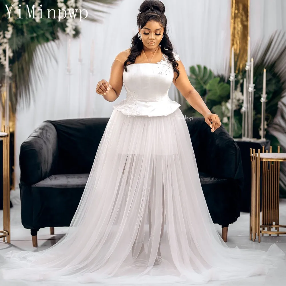

White Wedding Robes for Bride 2023 Sheer Neck Peplum A Line Illusion Bodice Tulle Bridal Shower Dresses Appliques Beaded