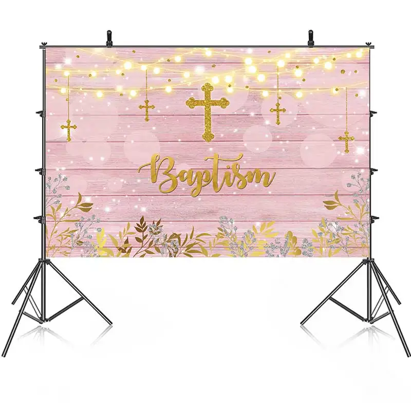

Baptism For Girls Birthday Backdrop Photography Baby Shower Girl Pink Wooden Lights Background Party Banner Custom Name Pic