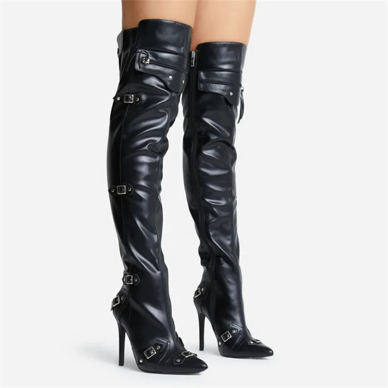 New Brand Belt Buckle Over The Knee Boots Pointed Toe Thin Heels Zip Female Solid Color Metal Winter Sexy Long Boots Women Shoes