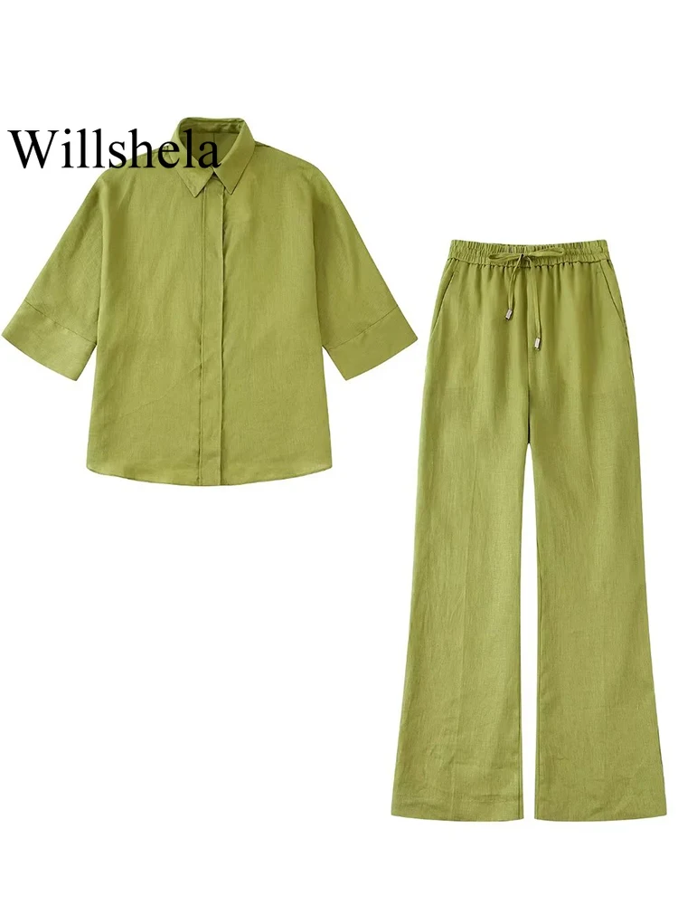 

Willshela Two Piece Set Women Fashion Solid Single Breasted Shirt Vintage Elastic Waist Trousers Feamle Chic Outfit Pants Sets