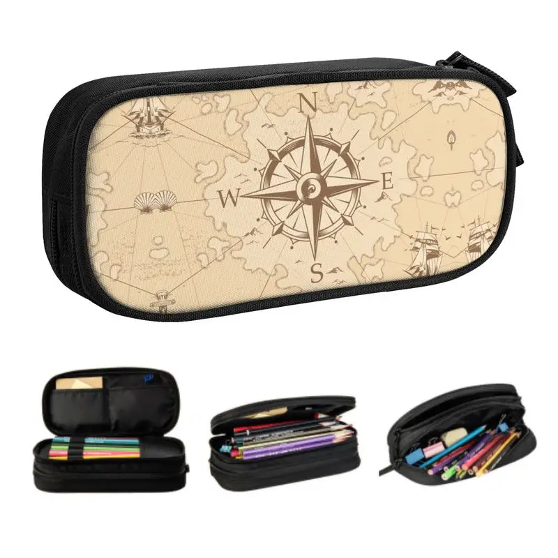 

Vintage Pirate's Map Kawaii Pencil Case Boys Gilrs Large Capacity Nautical Compass Sailor Pencil Bag Pouch Students Stationery