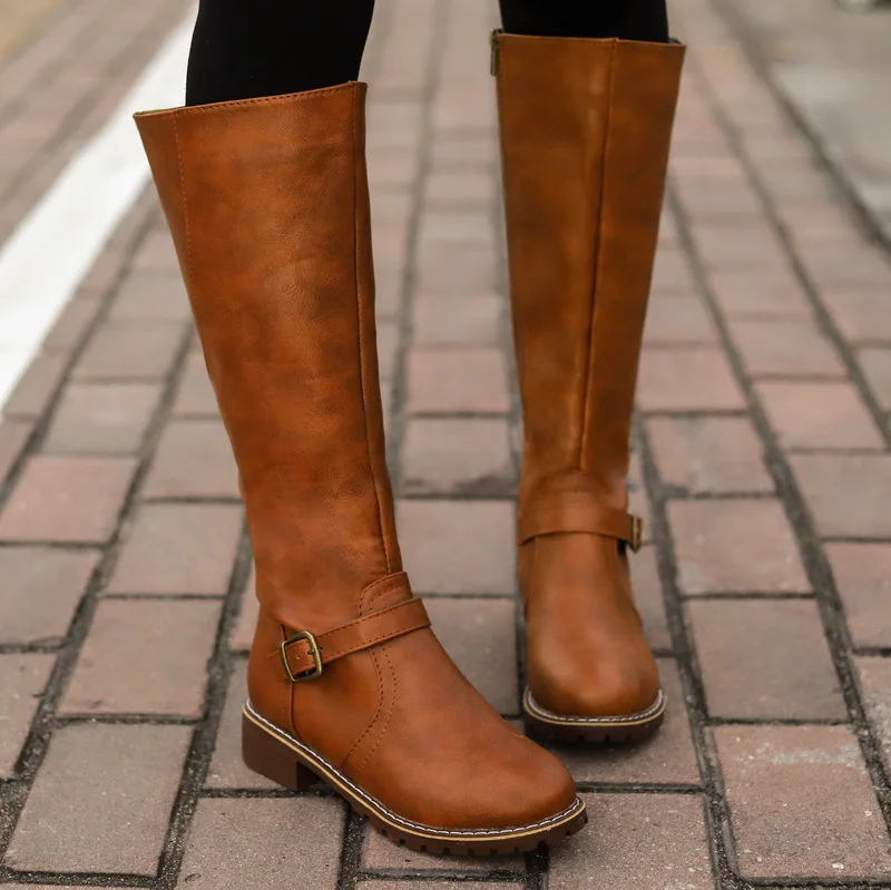 

Thigh high Boots brown Women Vintage leather Square Heel Zipper knee height buckle Boot Keep Warm Round Toe Shoes British Style9