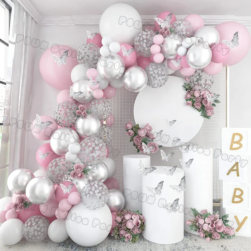 

Macaron Pink White Balloon Garland Arch Kit Wedding Birthday Party Silver Confetti Latex Balloons Baby Shower Decoration Globos
