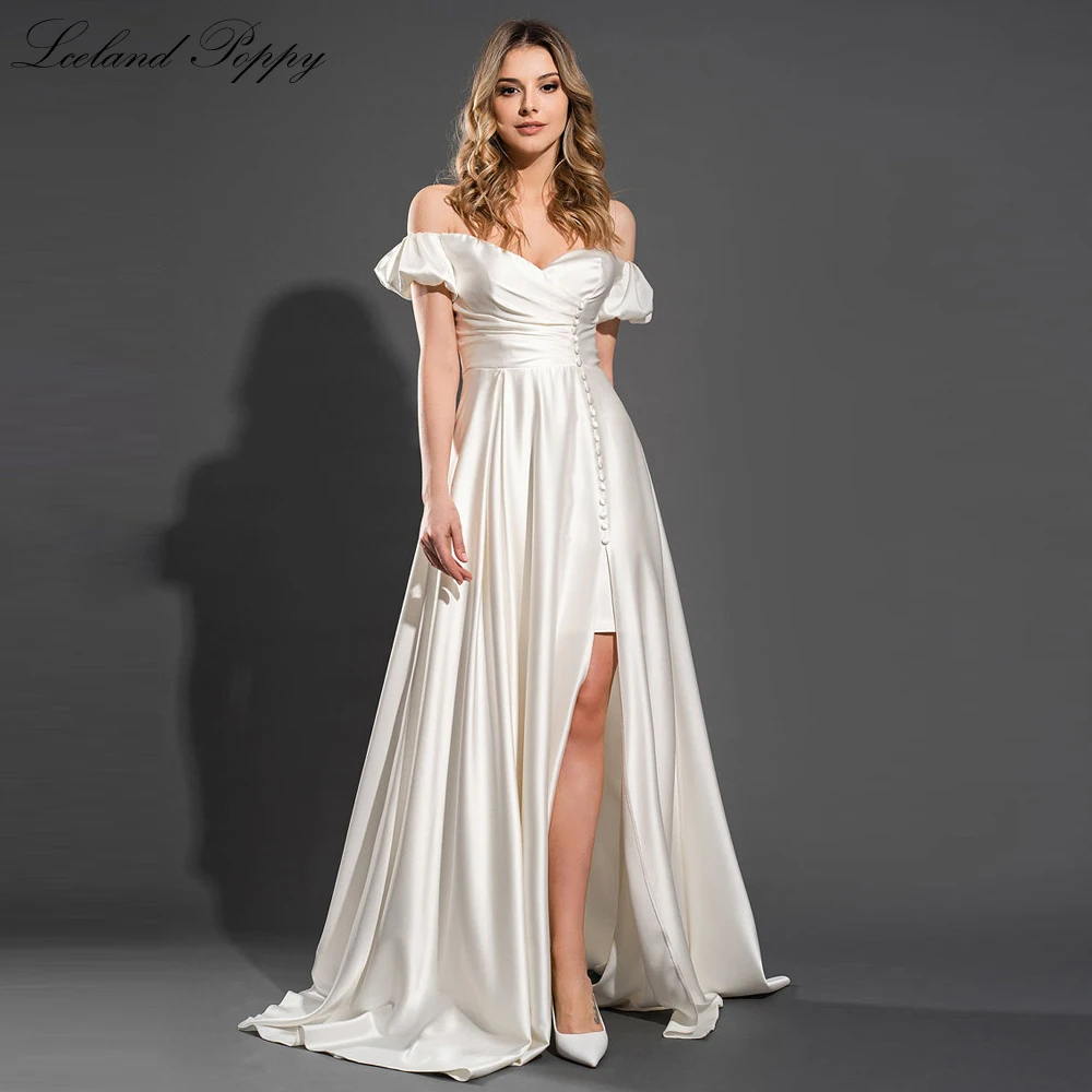 

Lceland Poppy Elegant A Line Boat Neck Satin Wedding Dresses Floor Length Off the Shoulder Pleated Bridal Gowns with High Slit