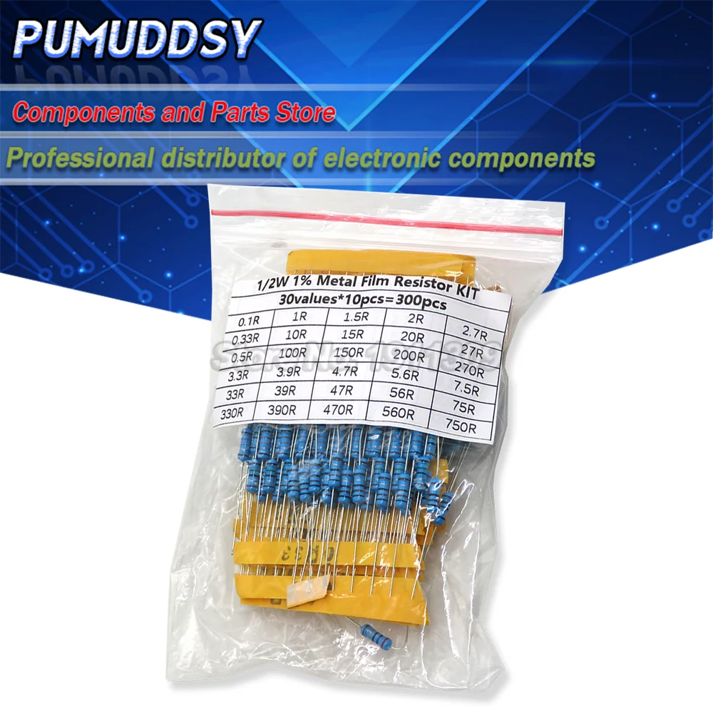 

150PCS 300PCS 1/4W 1/2W 1W 2W 3W Resistance 1% Metal Film Resistor Assortment Kit Set 30Values Each 5/10PCS 1~750 1K~820K Ohm