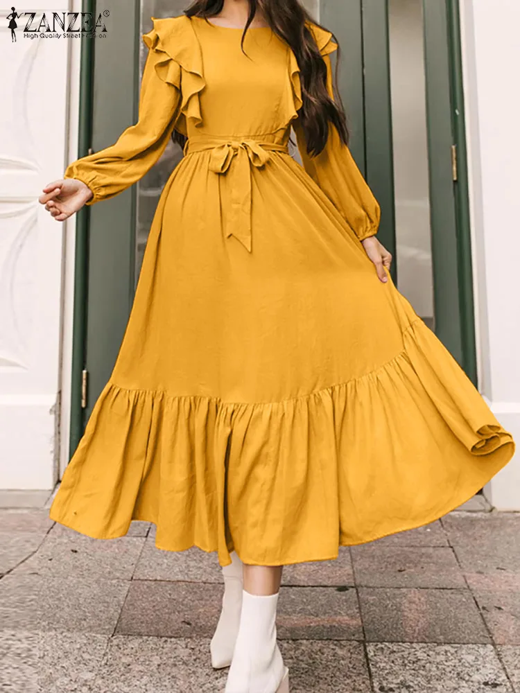 

French Elegant Casual OL Dresses Oversize 2022 Spring Lace Up Floor Vestido ZANZEA Solid Robe Longue Women's Bohemian Maxi Dress