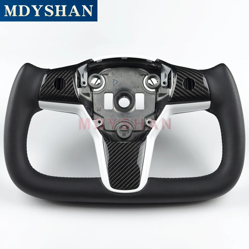 

Yoke Steering Wheel Black Smooth Leather with Glossy Carbon Fiber Buttons Panel White Frame for TESLA Model 3 Model Y 2016-2023