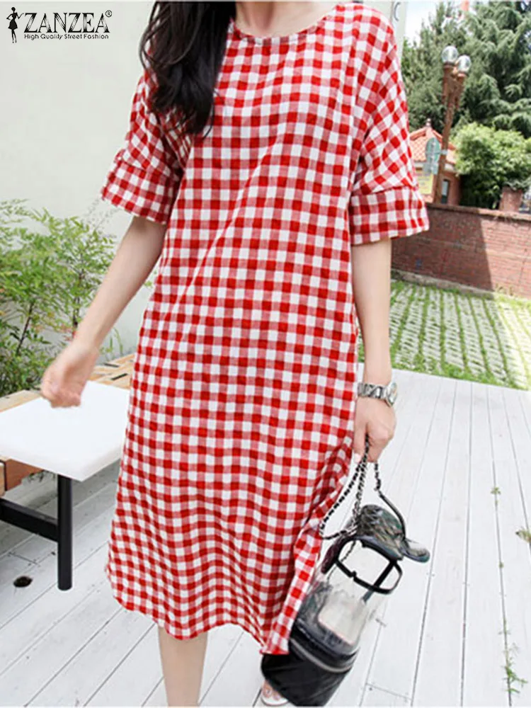 

ZANZEA Summer Fashion Casual Dress Check Plaid Printed Half Sleeve Sundress Elegant Vestidos Femme Holiday Midi Robe Korean 2023