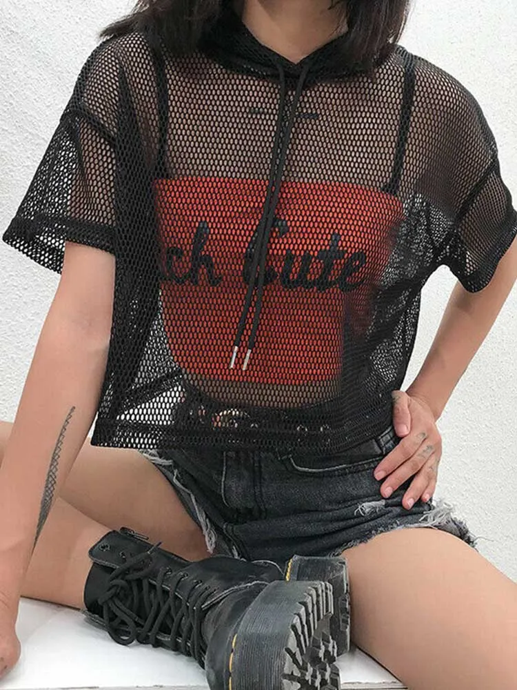 Женская ажурная Сетчатая футболка с капюшоном коротким рукавом прозрачные