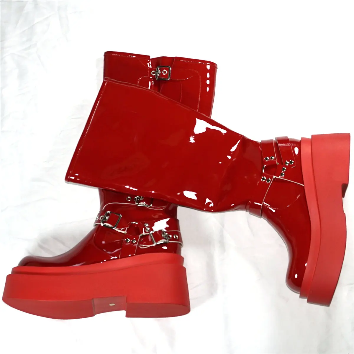 Super High Heels Fashion Sneakers Women Red Patent Leather Wedges Knee High Boots Female Round Toe Platform Pumps Casual Shoes