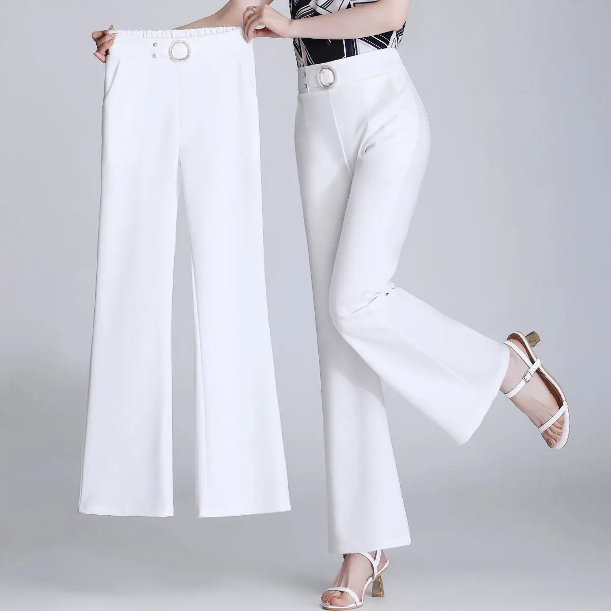 Spring Summer Thin Suit Flare Pants Office Lady High Waist Elastic Ice Silk Loose Wide Leg Straight Women Casual Long Trousers