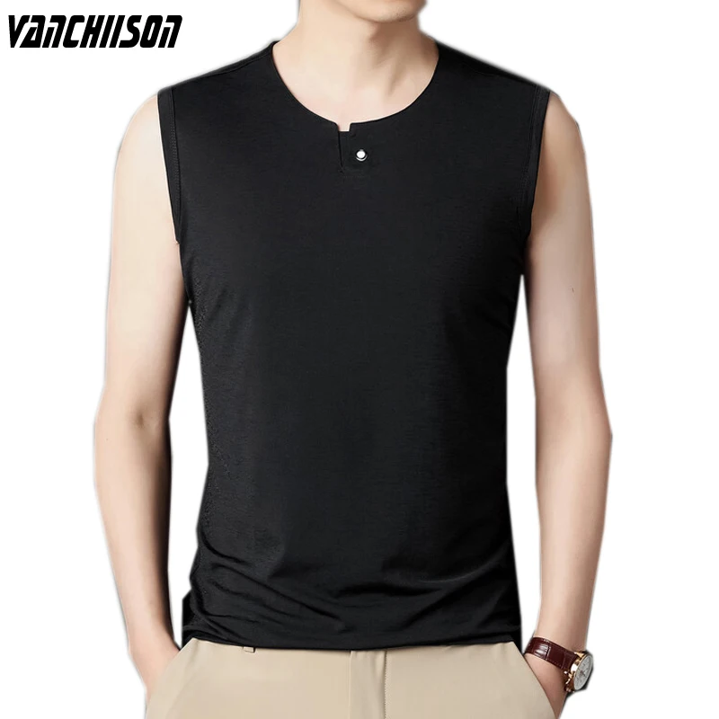 

Men Tank Male Tops Sleeveless for Summer 95% Polyester One Button O Neck Casual Solid TUF01F36