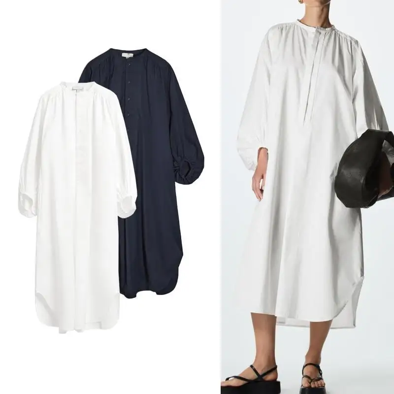 

Женское платье на пуговицах ZA, повседневное однотонное белое платье свободного покроя с круглым вырезом и длинными рукавами, с карманами, лето 2023