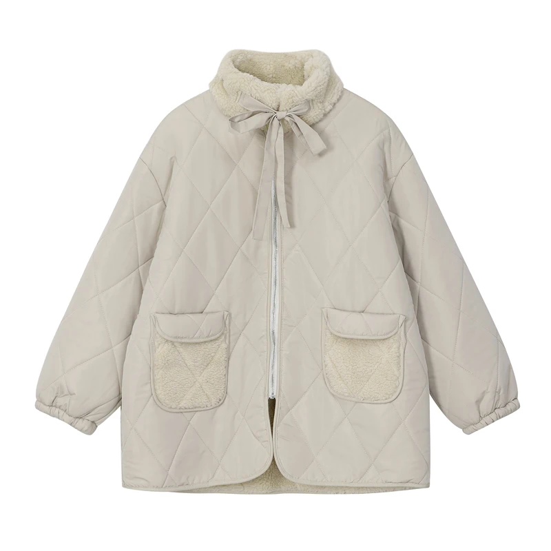 

Женская зимняя стеганая парка из овечьей шерсти с высоким воротником и длинными рукавами