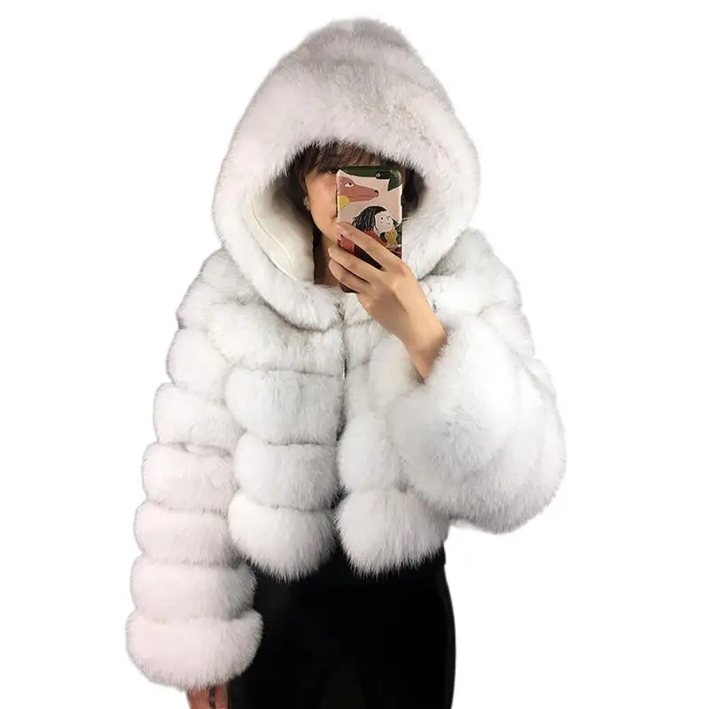 Enlarge Real Fox Fur Hoodie Crop Coat Women Natural Fur Jacket With Hood Zipper Winter Fashion Warm Temperament Outwears For Women