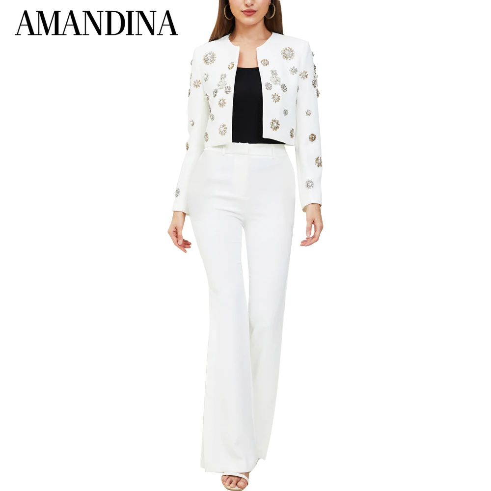 

Amandina Luxury Women Suit 2 piece sets outfit Crystal Rhinestone Embellished Blazer Jacket Slit Pants Set