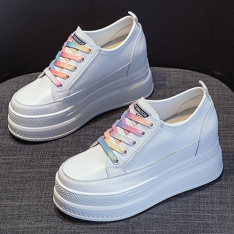 2023 New 8cm Increase  Height Genuine Leather Women Shoes White Fashion Outdoor Platform Wedge Sneakers Women Summer Shoes