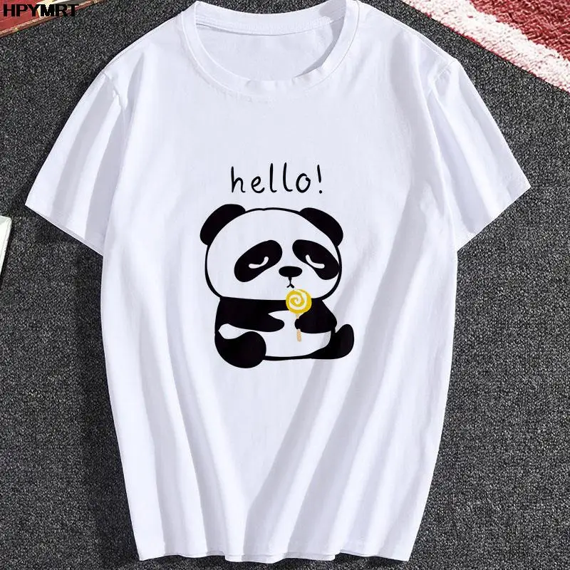 

2022 женская летняя повседневная футболка с милым рисунком HELLO Panda, женские свободные топы с рисунком животных и коротким рукавом