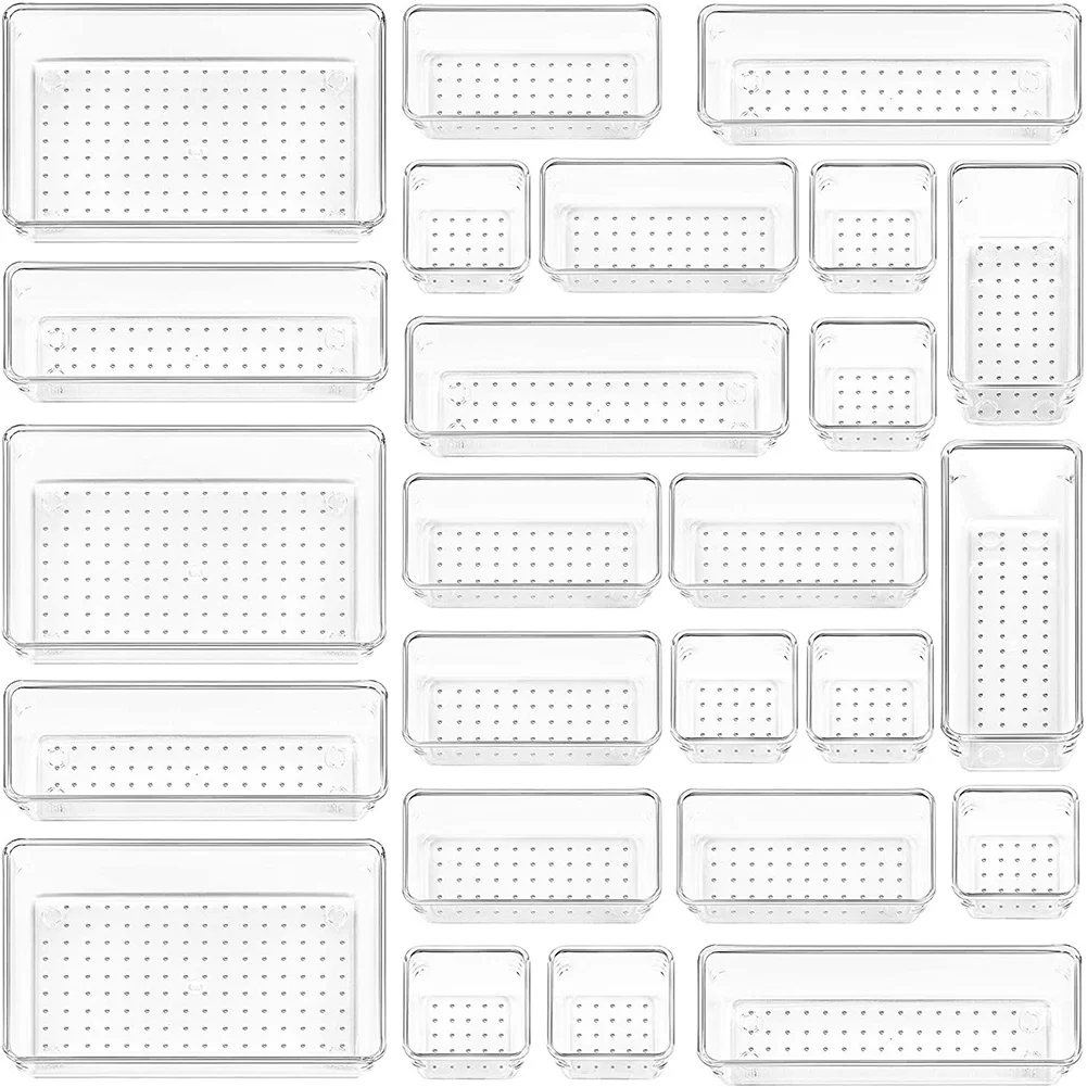 

25 PCS Clear Plastic Drawer Organizers Set,4-Size Versatile Bathroom and Vanity Drawer Organizer Trays,for Makeup,Office