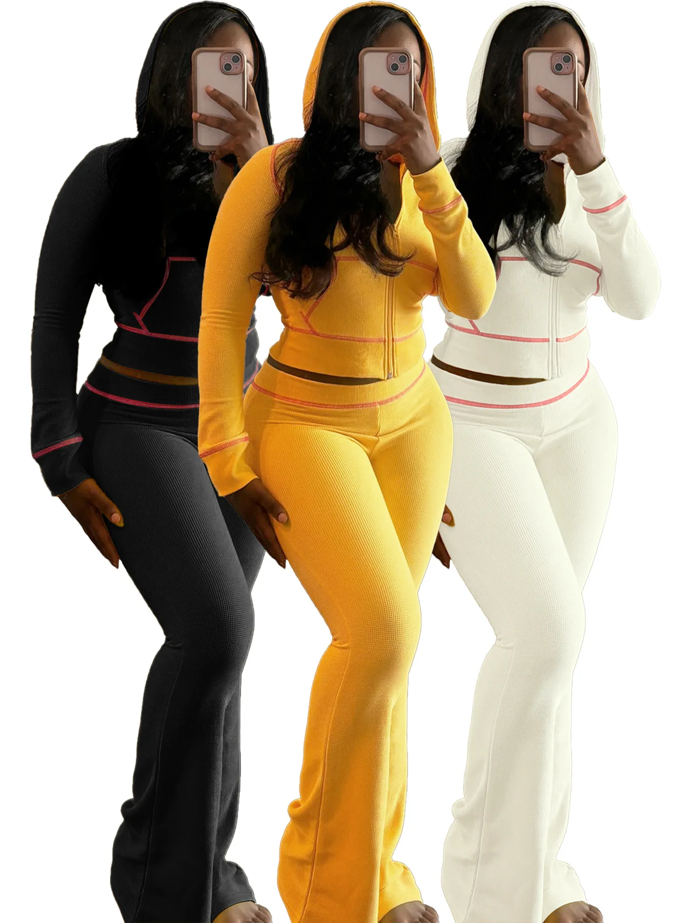 PYMQR розово-красный с длинным рукавом капюшоном CropTop расклешенные брюки для бега