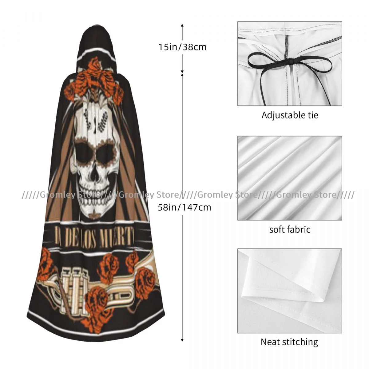 Унисекс накидка на Хэллоуин День мертвых с женским черепом и трубой капюшоном
