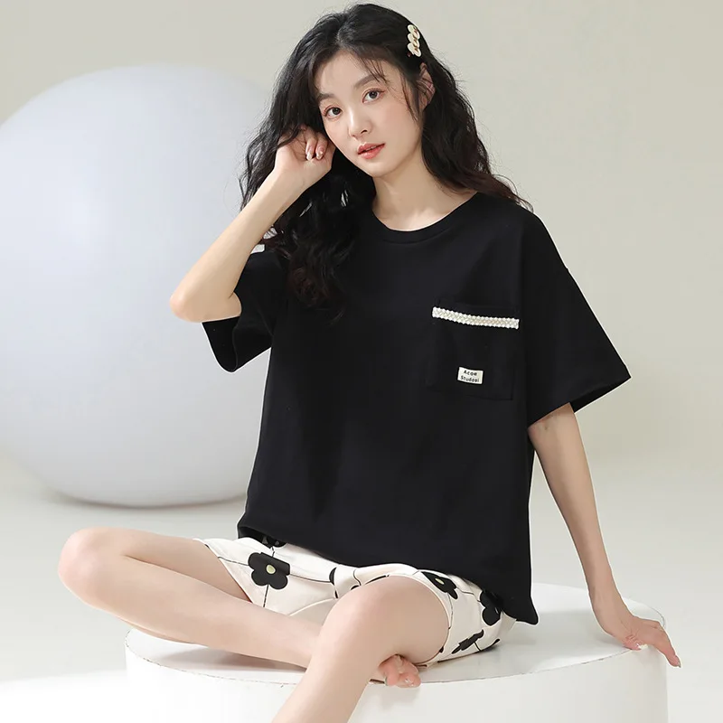 Pajamas Women's Summer Cotton Short-sleeved Shorts In Style Sweet Temperament Girl's Home Service Suit Round Neck Soft Sleepwear