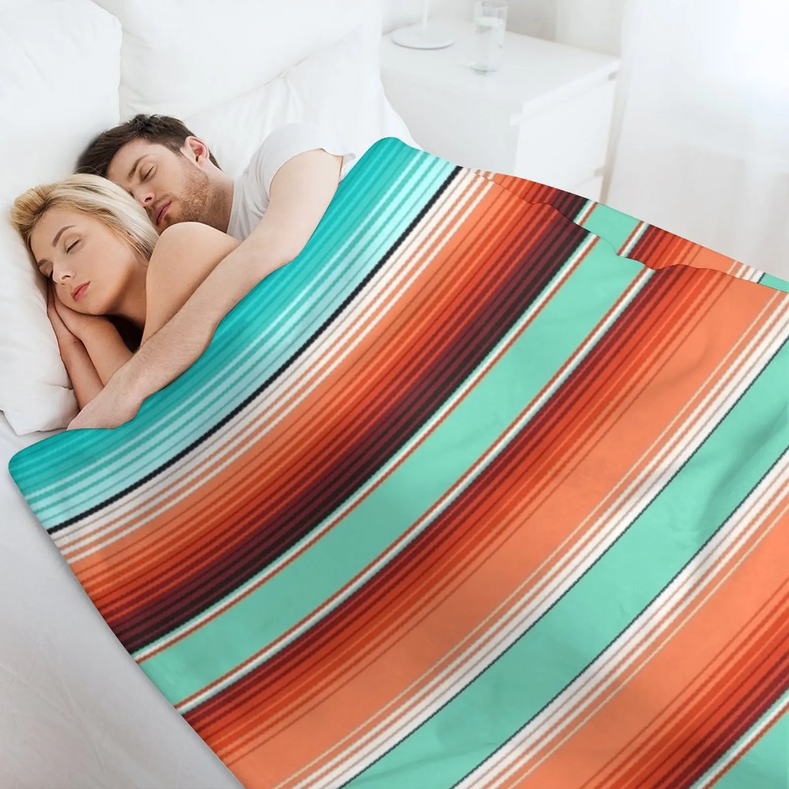 Бирюзовое бирюзовое и оранжевое одеяло Southwest Serape в полоску тонкое декоративное