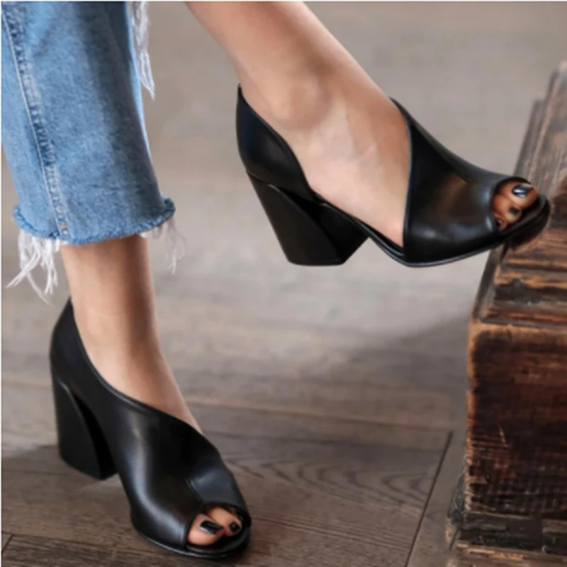 36-42 Large Size Women's Shoes Fish Mouth High Heels Woman Fashion Summer European American Thick Heel Roman Sandals Breathable
