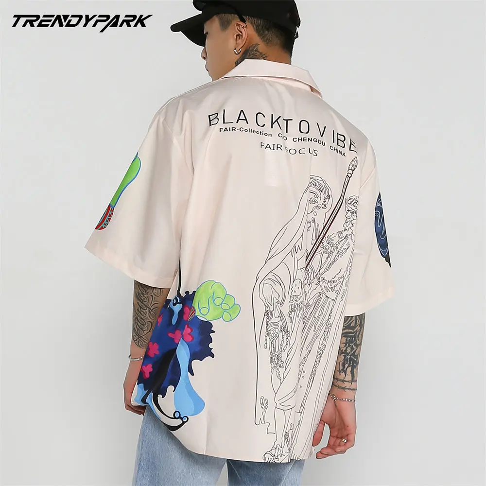 Shirts for Men Funny Cartoon Print Oversized Shirt 2022 Cotton Casual Streetwear Summer Short Sleeve Blouses Oversized Shirt