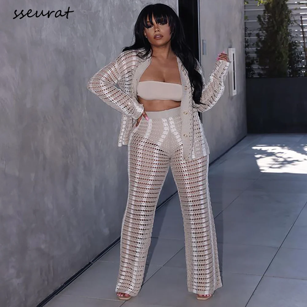 

SSEURAT Women Sexy Mesh See Through Beach Set Long Sleeve Hollow Out Button Tops Long Pant Two Piece Sets