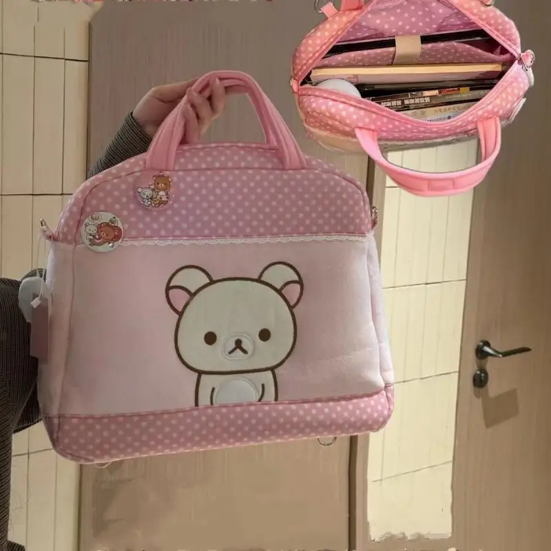 Фото Розовая сумка для ноутбука Rilakkuma в горошек, большая вместительная сумка для ноутбука, школьная сумка в ручном исполнении, сумка для хранения вещей для деловых поездок, подарок для девочки №4
