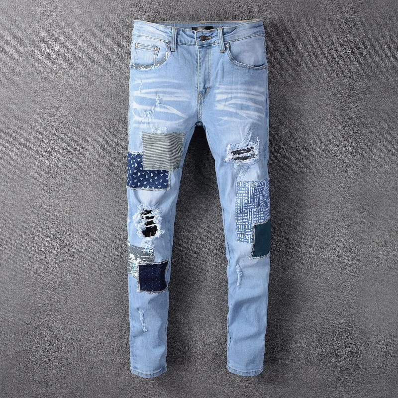 Luxury Designer Men Jeans Retro Blue Washed Slim Fit Spliced Ripped Jeans Classic Trousers Vintage Patchwork Denim Pants Hombre