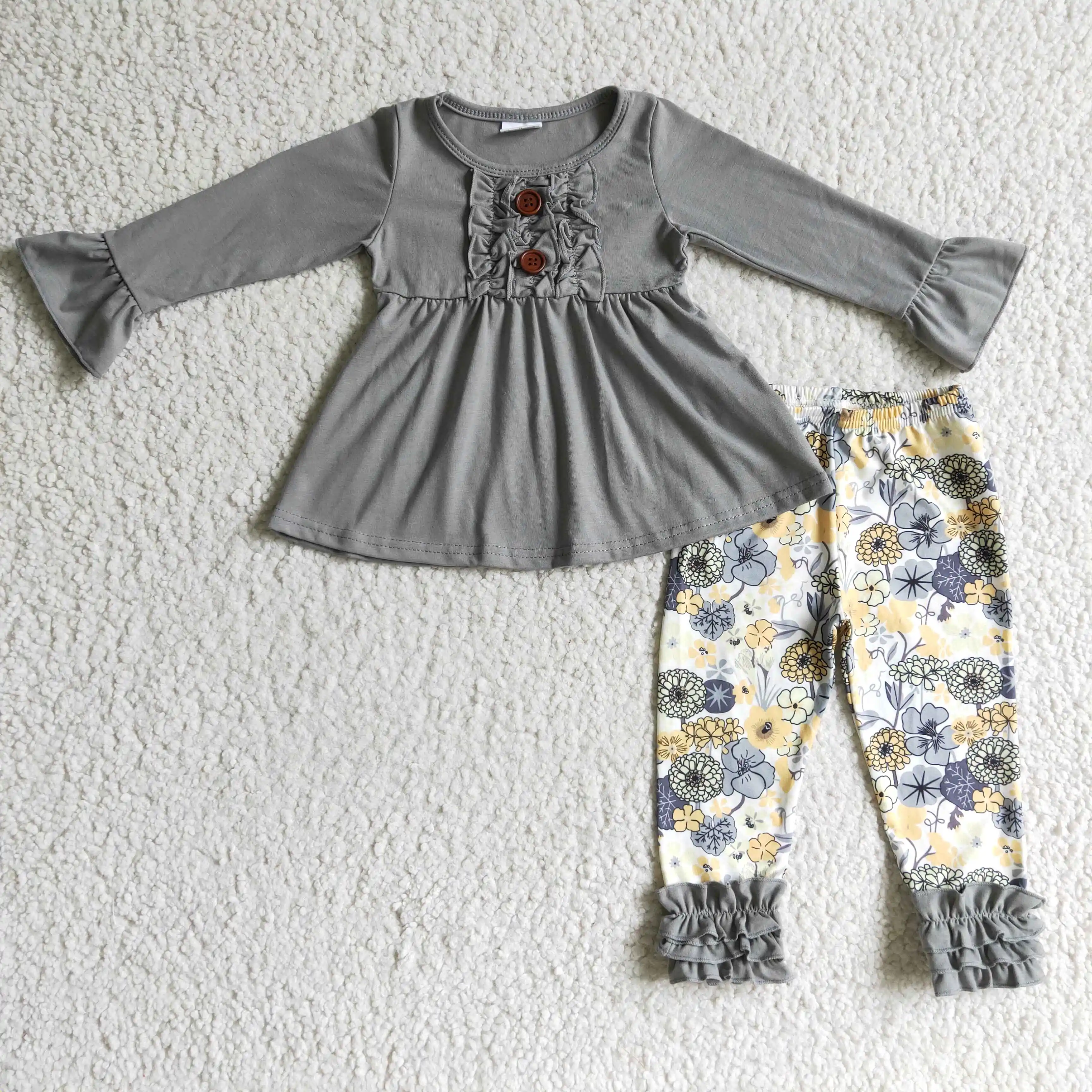 

6 A11-28 girl gray solid color long sleeve blouse match flowers pattern icing ruffle pants
