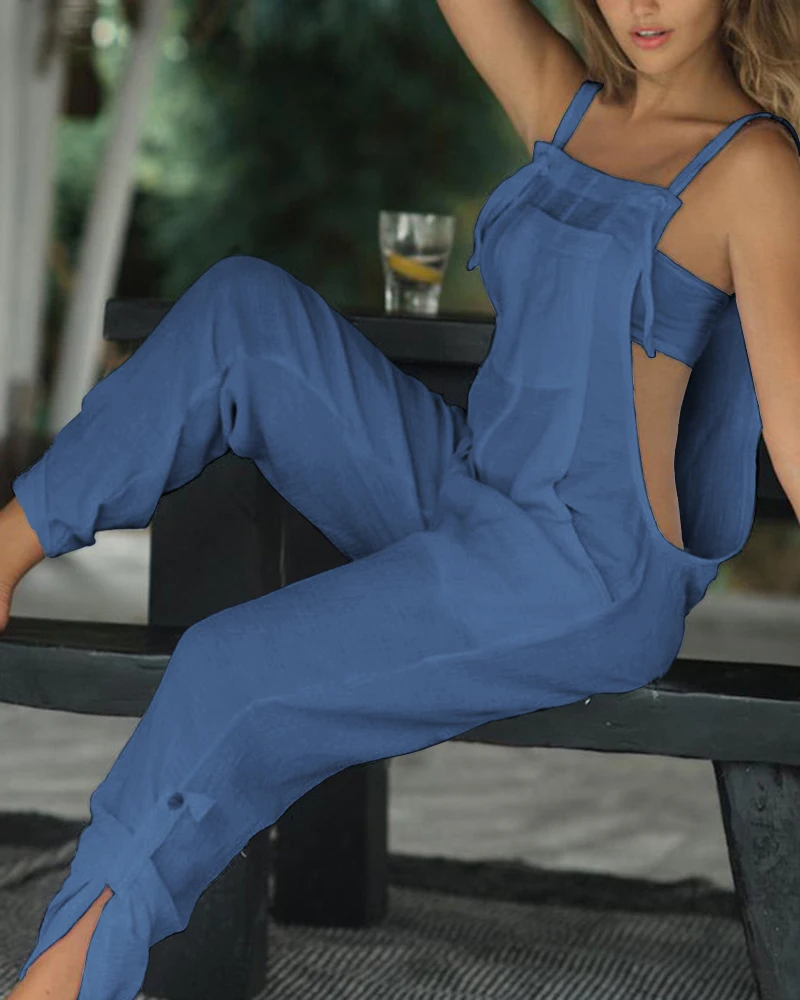 2023 Women Pocket Design Ruched Suspender Jumpsuit Summer Holiday Beach Wear Solid Color One Piece Suit Female Clothes Overalls