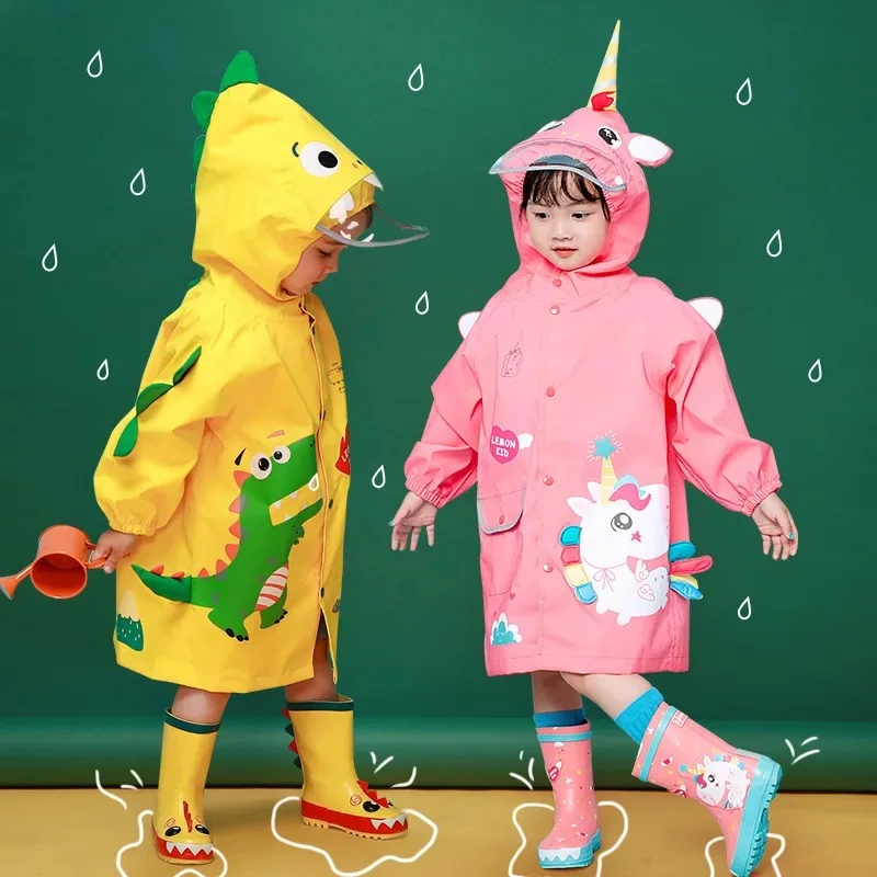High-end Children's Raincoat, Kindergarten Dinosaur Raincoat, Raincoat, Cute Cloak-style Schoolbag, Student Rainwear