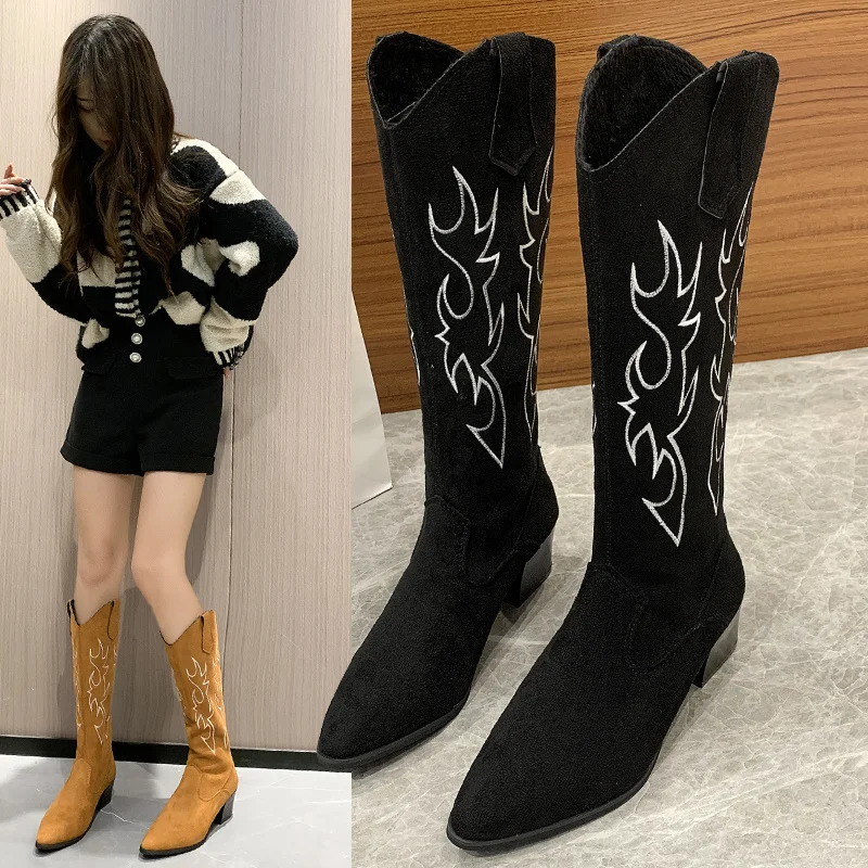 

Женские ковбойские сапоги в западном стиле, женская обувь с острым носком, сапоги до середины икры с принтом, зимние рыцарские сапоги на массивном каблуке