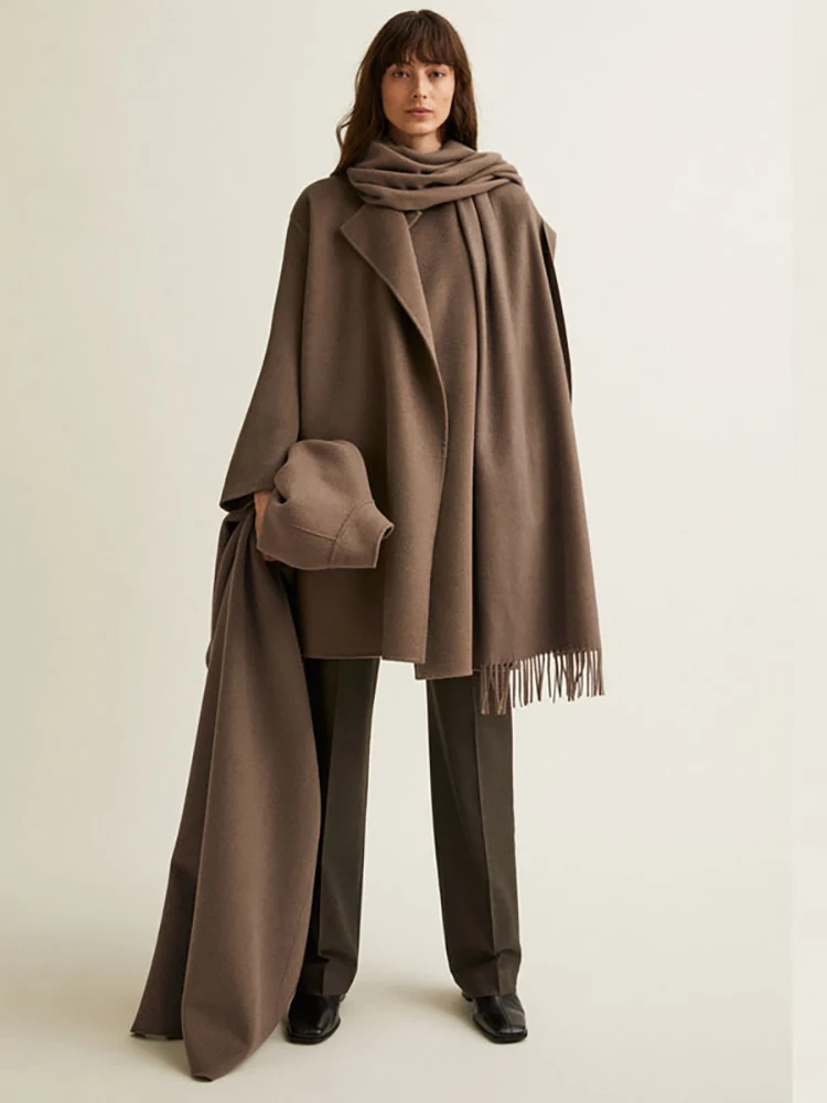 

Женское кашемировое пальто с длинным рукавом, свободное однотонное пальто из смешанной шерсти с принтом и поясом, Осень-зима