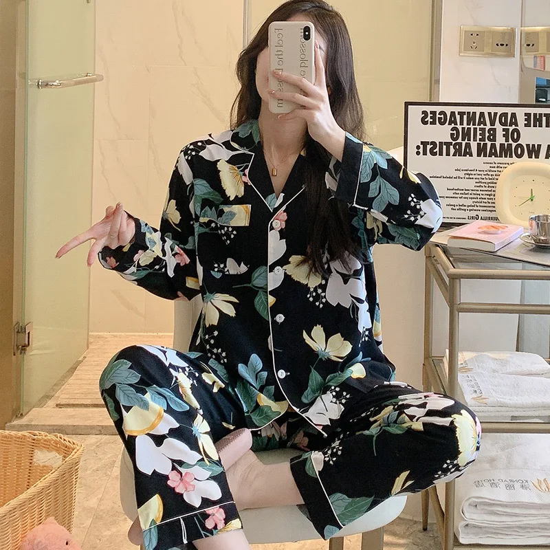 2023 New Cardigan Cotton Silk Pajamas Female Spring Autumn Thin Clothes Sweet Maiden Pijama Suit Summer