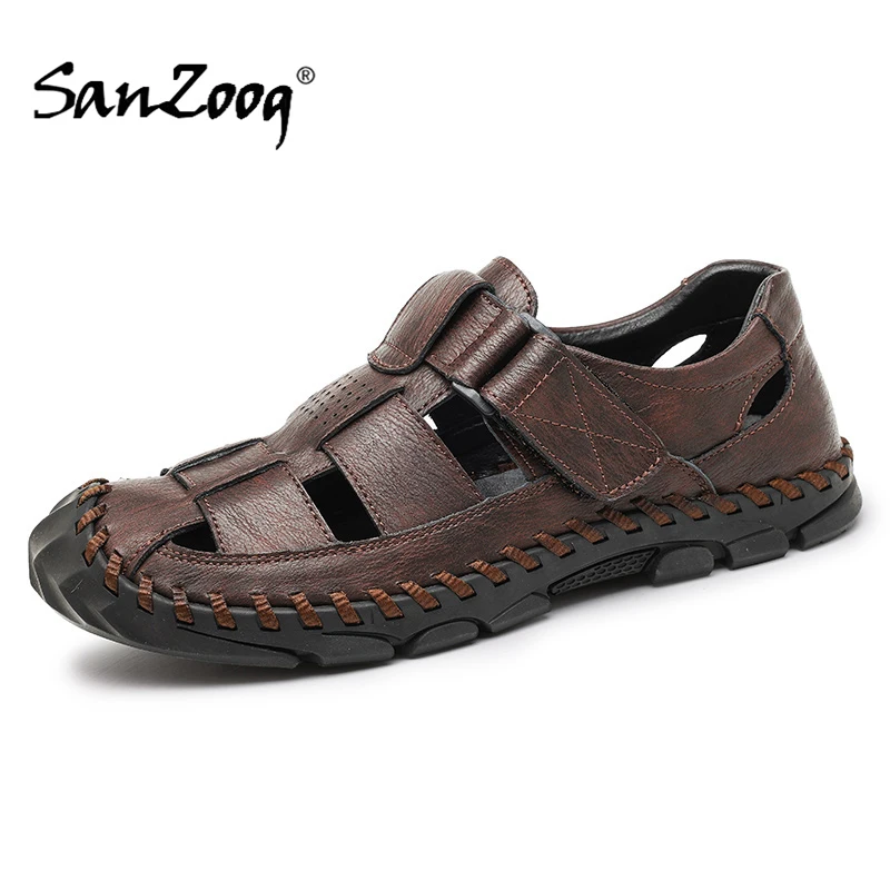 

Leather Sandals Summer Outdoor Handmade Men Sandals Fashion Comfortable Solid Hollow Men leather shoes size 48