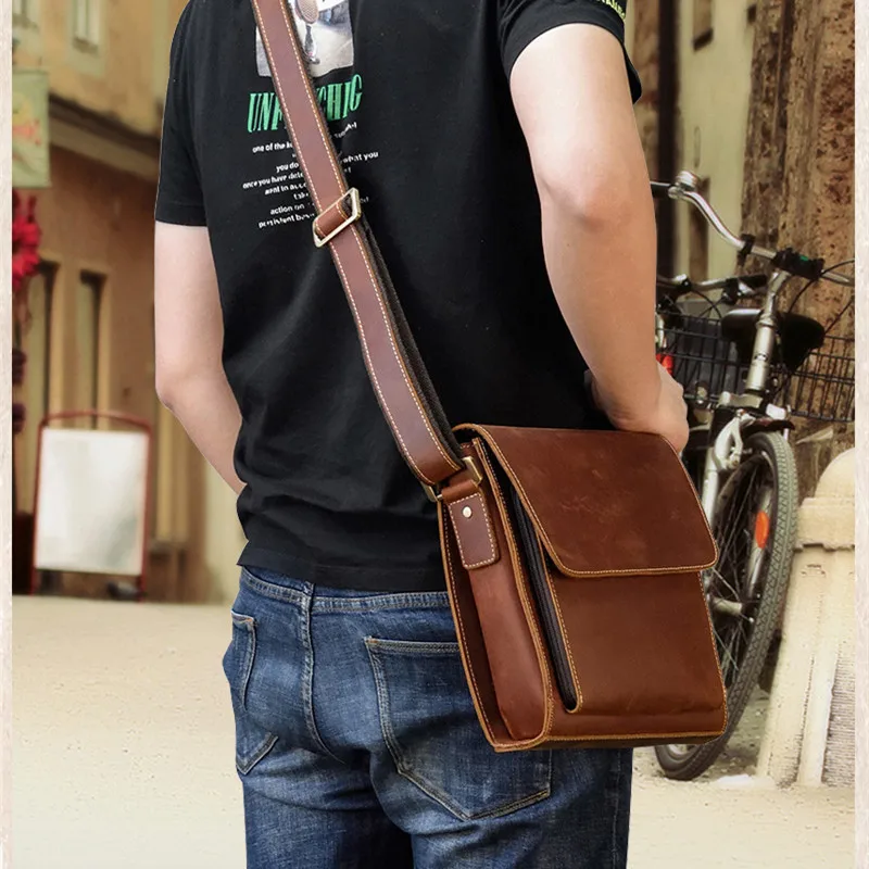 Luxury Genuine Leather Men Shoulder Messenger Bag Retro Crossbody Bag High Capacity Flip iPad Bag For Male