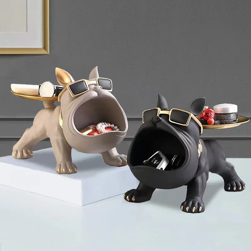 

Cool French Bulldog Butler Decoration with Tray Big Mouth Dog Figurine Storage Box Animal Resin Figurine Home Decor Idea Gift